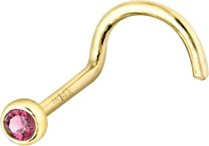 Solid 14K Gold Nose Screw Stud Bezel Set Pink Tourmaline 22G Cork-screw Nose Stud - 14K White Gold / 14K Yellow Gold October Birthstone Nose Ring Stud