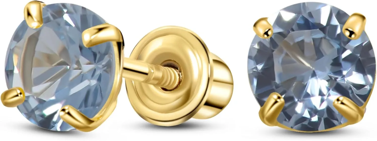 Solid 14K Gold Round Solitaire Simulated-Birthstone Minimalist Stud Earring with Comfort Screw Backing