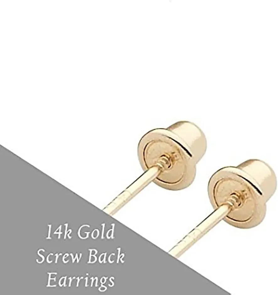 Solid 14K Gold Round Solitaire Simulated-Birthstone Minimalist Stud Earring with Comfort Screw Backing