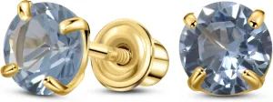Solid 14K Gold Round Solitaire Simulated-Birthstone Minimalist Stud Earring with Comfort Screw Backing