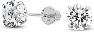 Solid 14K White Gold Round Solitaire Simulated-Birthstone Minimalist Stud Earring with Comfort Screw Backing