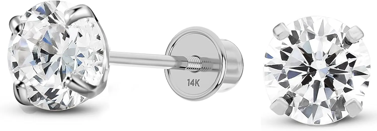Solid 14K White Gold Round Solitaire Simulated-Birthstone Minimalist Stud Earring with Comfort Screw Backing
