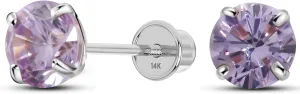 Solid 14K White Gold Round Solitaire Simulated-Birthstone Minimalist Stud Earring with Comfort Screw Backing