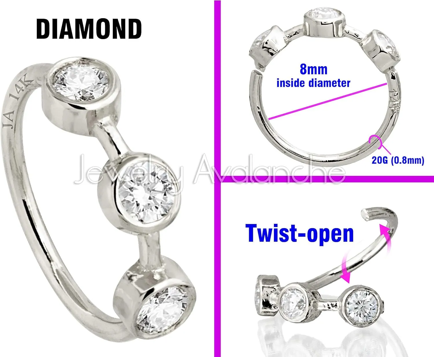 Solid 20G 14Kt White/Yellow Gold Bezel Set 3-Stone Diamond Nose Hoop Ring - Ear Cartilage Ring - April BirthStone Nose Ring Stud
