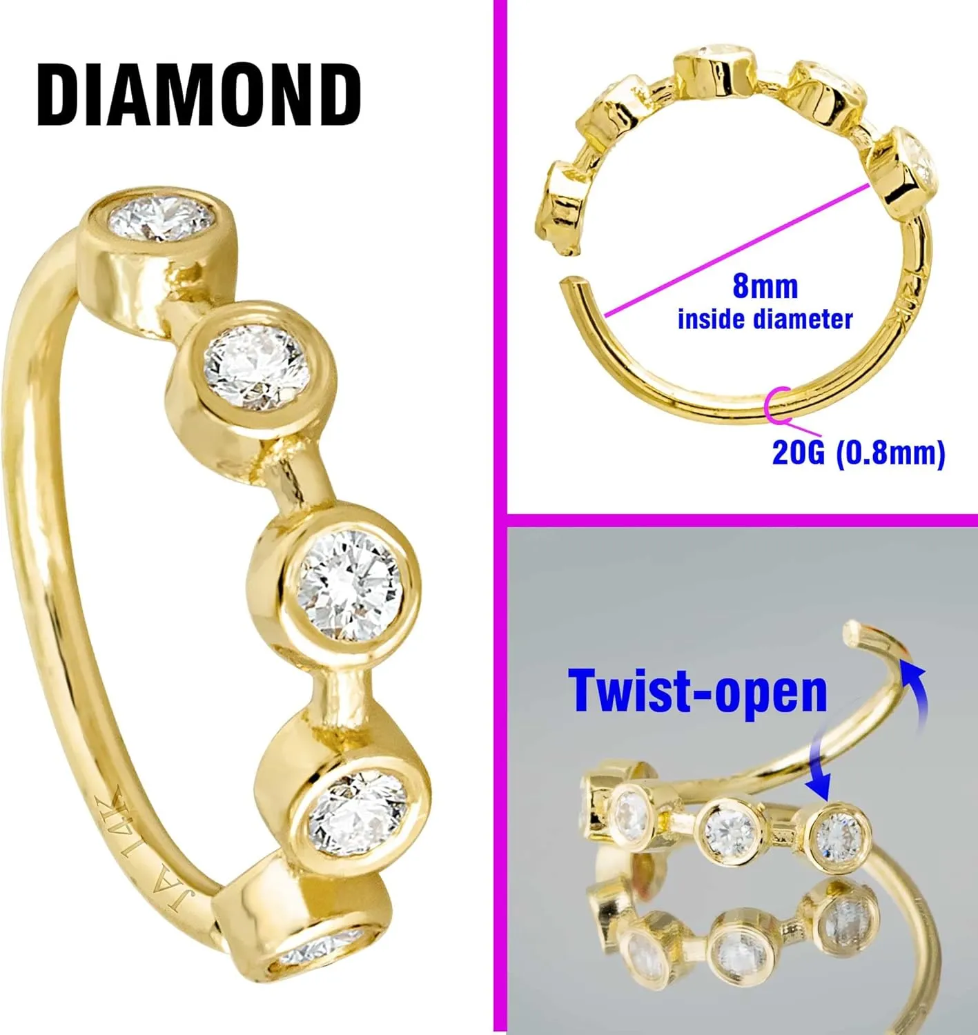 Solid 20G 14Kt White/Yellow Gold Bezel Set 5-Stone Diamond Nose Hoop Ring - Ear Cartilage Ring - April BirthStone Nose Ring Stud
