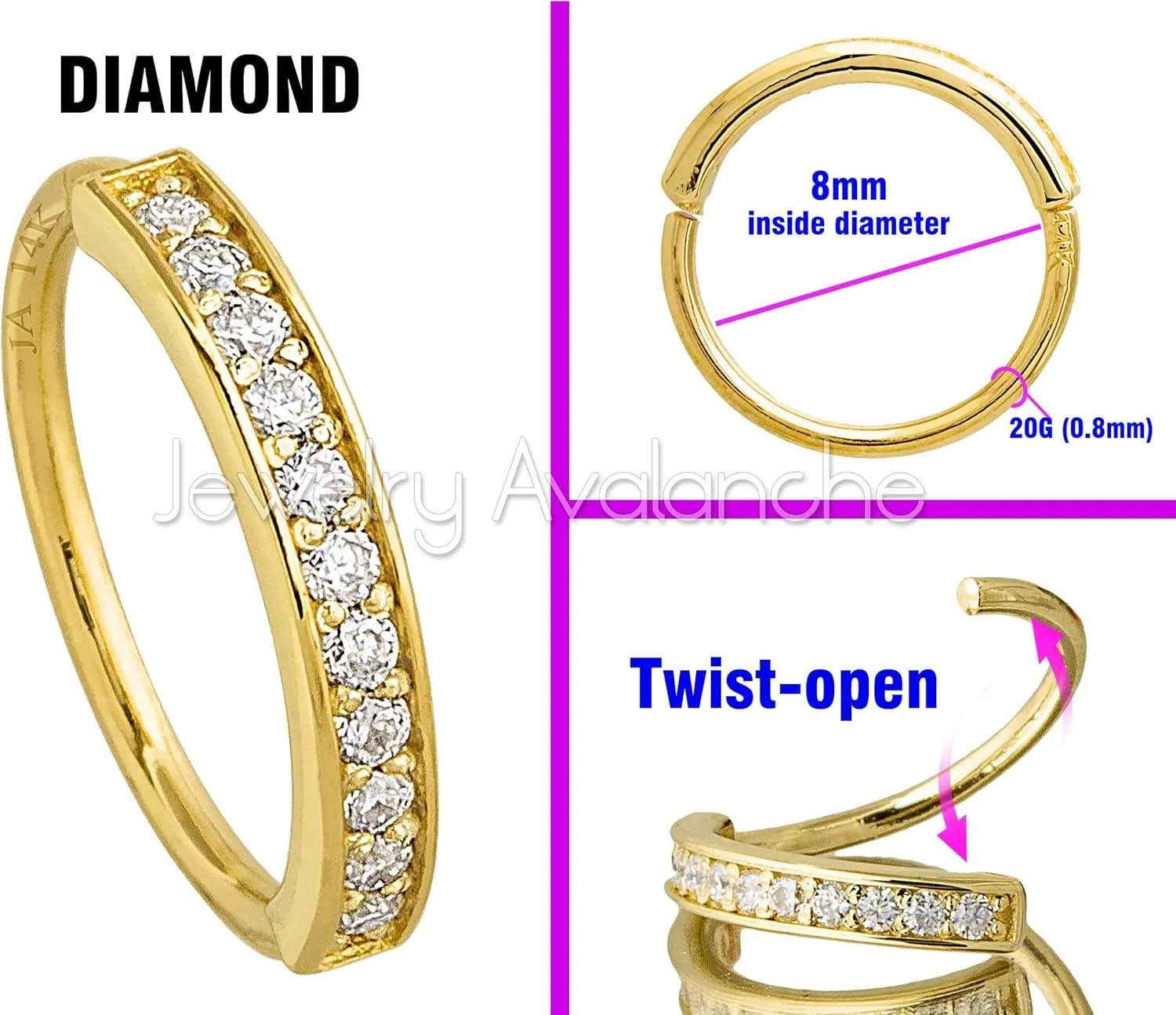 Solid 20G 14Kt White/Yellow Gold Prong Set 11-Stone Diamond Nose Hoop Ring - Ear Cartilage Ring - April BirthStone Nose Ring Stud