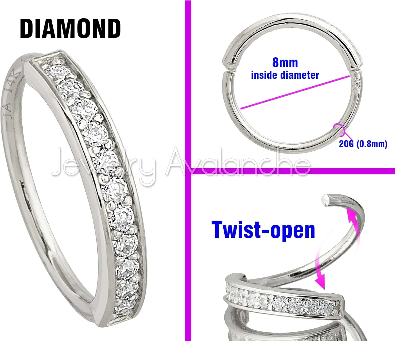Solid 20G 14Kt White/Yellow Gold Prong Set 11-Stone Diamond Nose Hoop Ring - Ear Cartilage Ring - April BirthStone Nose Ring Stud