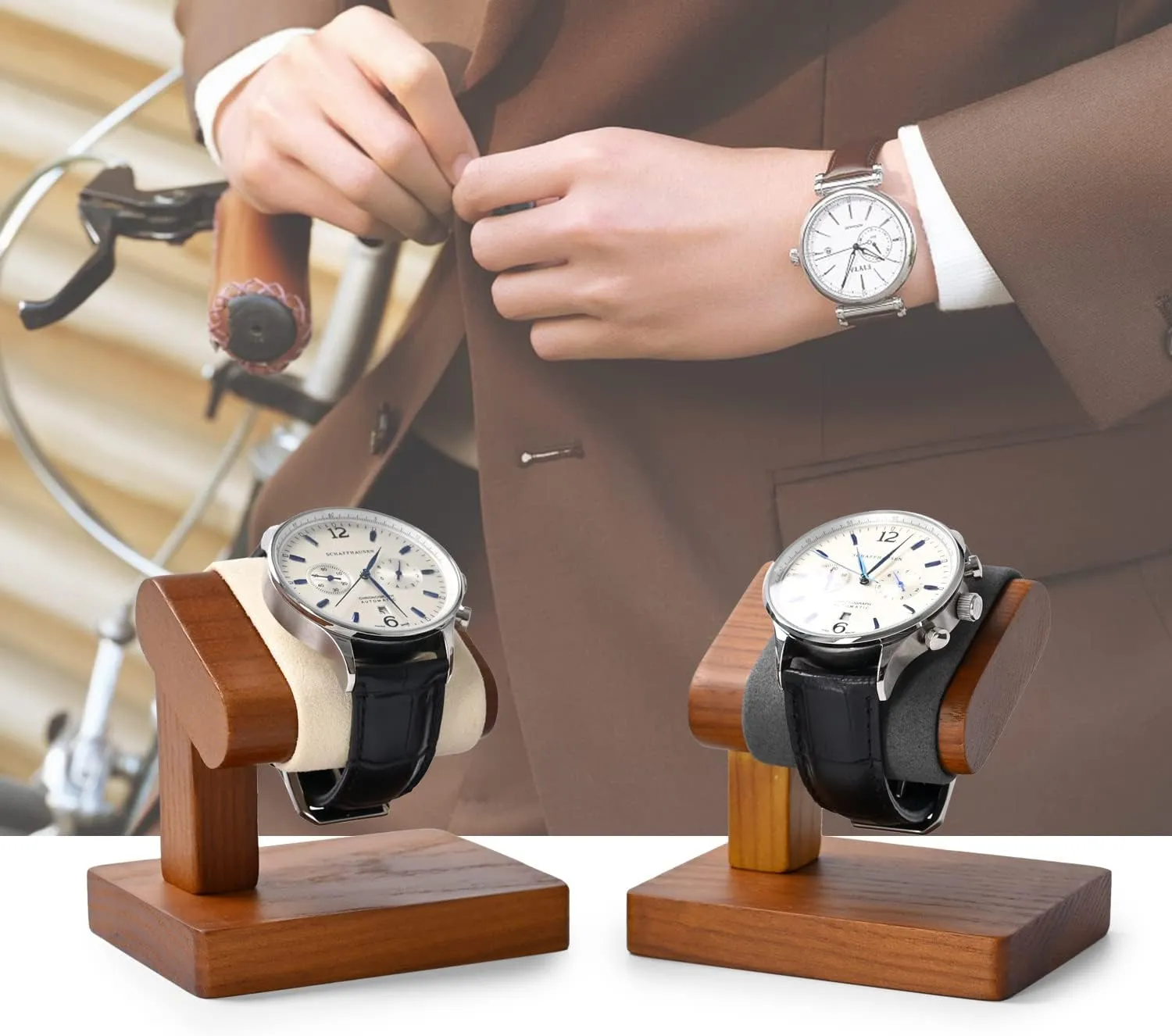 Solid Wood Single Watch Display Stand for Men Jewelry Watch Showcase Stand Display (Beige)