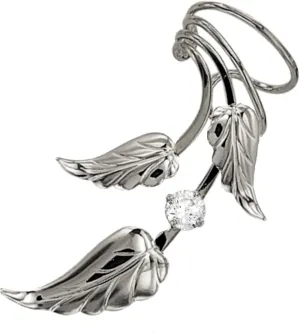 Southwest 3 Leaf CZ Long Wave Ear Cuff Non-pierced Earring Wrap Single Left Rhodium on Silver
