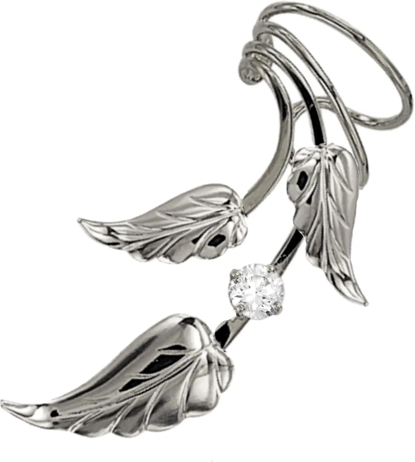 Southwest 3 Leaf CZ Long Wave Ear Cuff Non-pierced Earring Wrap Single Left Rhodium on Silver
