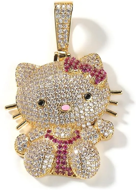 Sparkly Blingy 24-inch Rope Chain Iced-Out Cute Lovely Kitten Charm Pendant Necklace