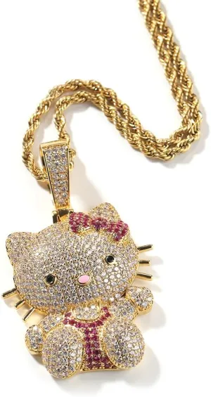 Sparkly Blingy 24-inch Rope Chain Iced-Out Cute Lovely Kitten Charm Pendant Necklace