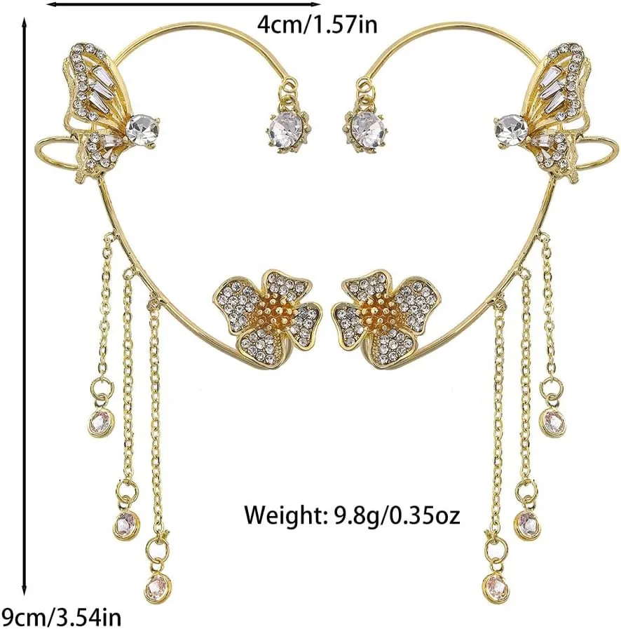 Sparkly Butterfly Rhinestone Tassel Ear Cuff Earrings for Women,Gold Flower Earrings,Fairy Climber Ear Warp Non-Piercing Earrings Jewelry Gift