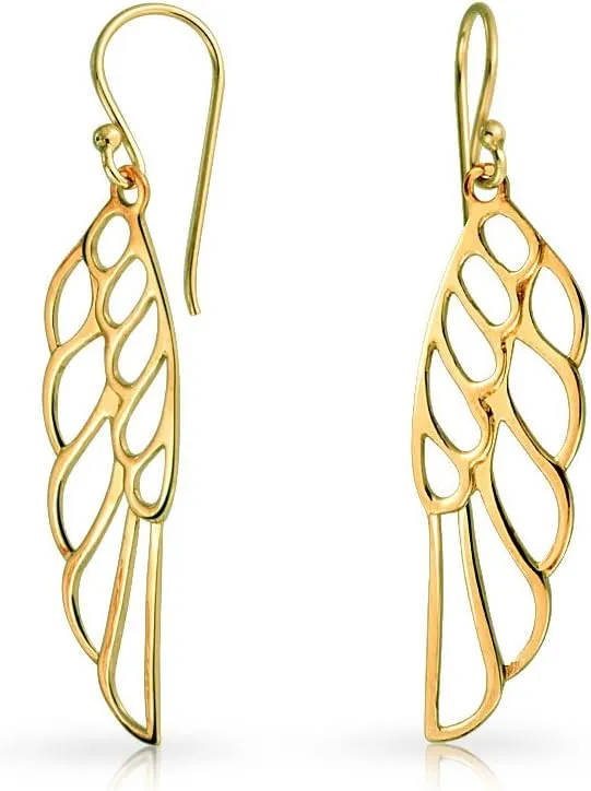 Spiritual Religious Dangle Angel Wing Feather Earrings For Women For Teen Rose Gold Plated .925 Sterling Silver
