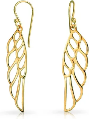 Spiritual Religious Dangle Angel Wing Feather Earrings For Women For Teen Rose Gold Plated .925 Sterling Silver
