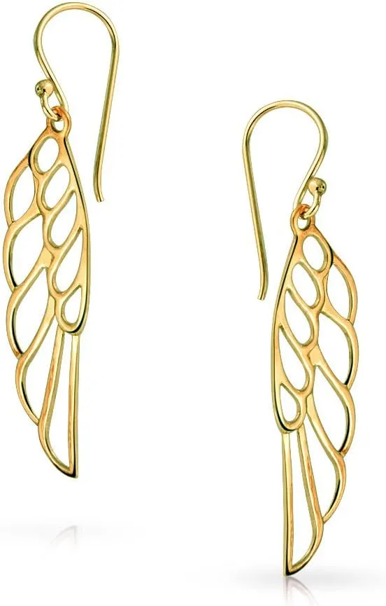Spiritual Religious Dangle Angel Wing Feather Earrings For Women For Teen Rose Gold Plated .925 Sterling Silver