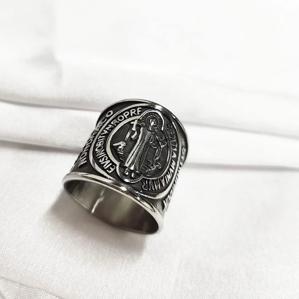 St. Benedict Exorcism Holy Brand Band Ring for Men Women Christian Saint Jesus Cross Protection Domineering Exorcism Ring Knuckle Middle Bands Religious Gift Stainless Steel Catholic Roman Demon Ghost Hunter Comfort Fit Jewelry