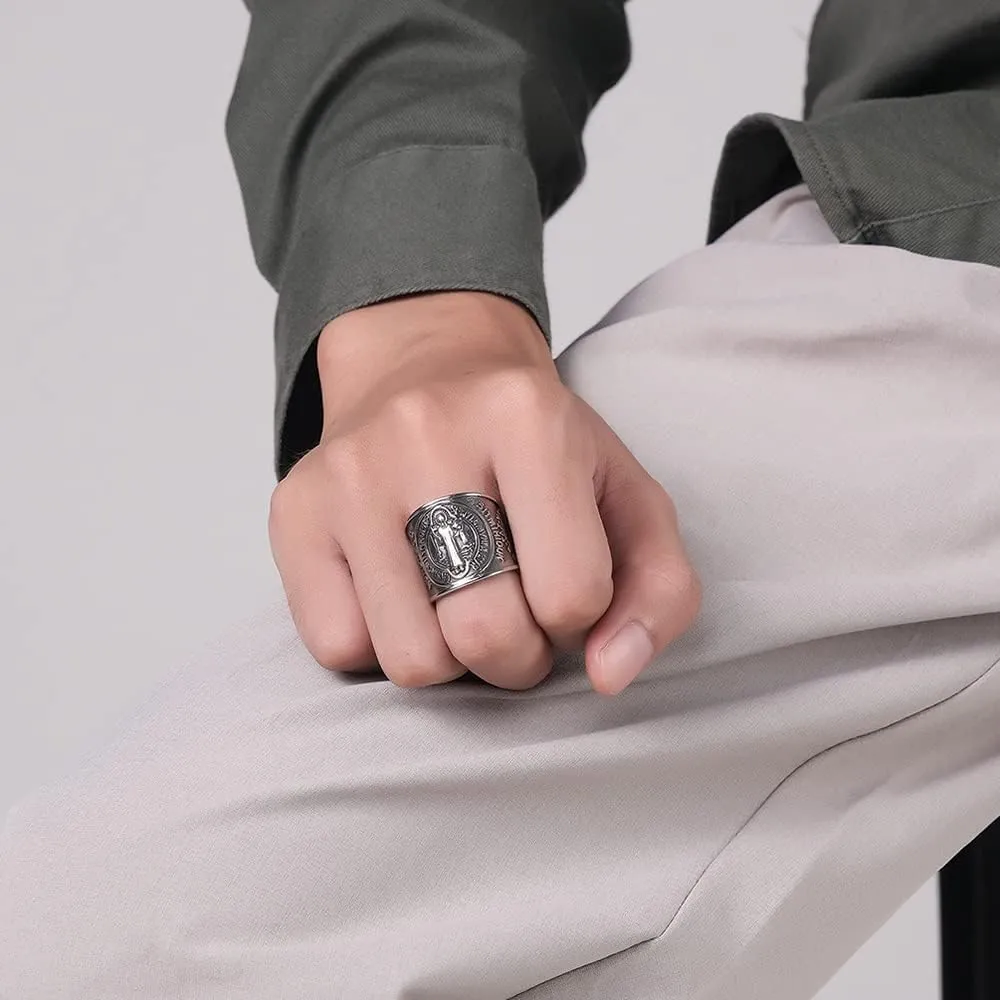St. Benedict Exorcism Holy Brand Band Ring for Men Women Christian Saint Jesus Cross Protection Domineering Exorcism Ring Knuckle Middle Bands Religious Gift Stainless Steel Catholic Roman Demon Ghost Hunter Comfort Fit Jewelry