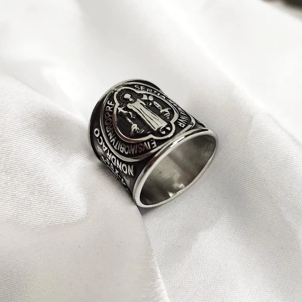 St. Benedict Exorcism Holy Brand Band Ring for Men Women Christian Saint Jesus Cross Protection Domineering Exorcism Ring Knuckle Middle Bands Religious Gift Stainless Steel Catholic Roman Demon Ghost Hunter Comfort Fit Jewelry