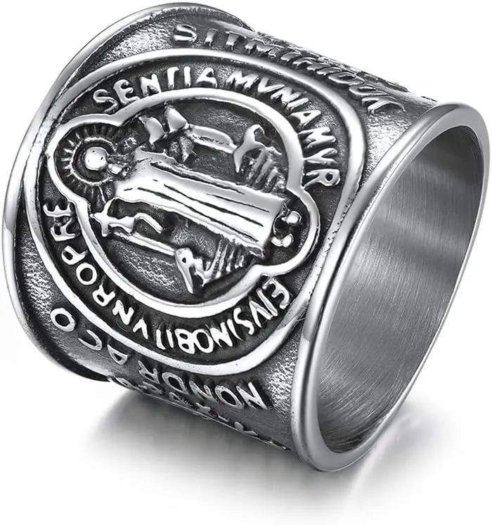 St. Benedict Exorcism Holy Brand Band Ring for Men Women Christian Saint Jesus Cross Protection Domineering Exorcism Ring Knuckle Middle Bands Religious Gift Stainless Steel Catholic Roman Demon Ghost Hunter Comfort Fit Jewelry