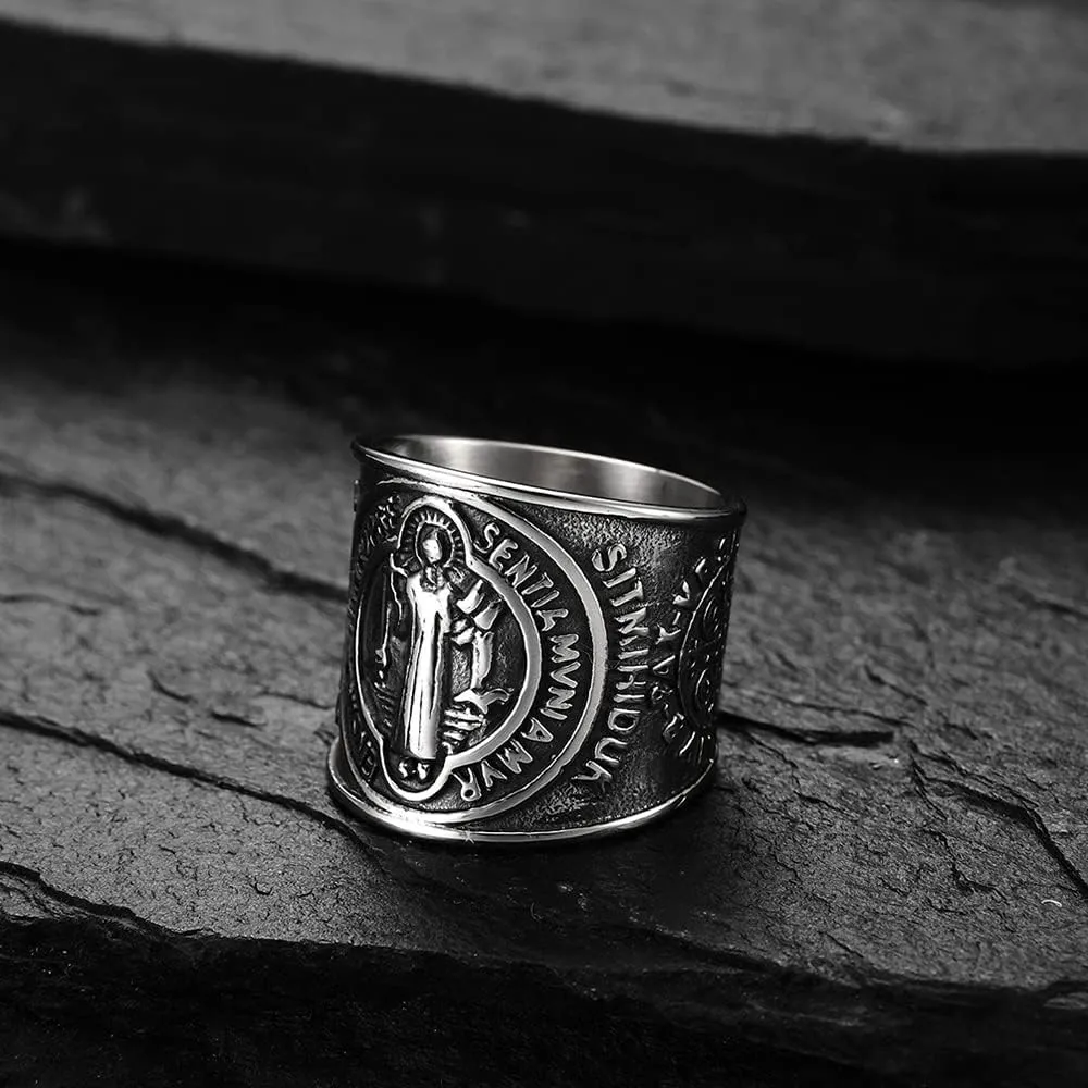 St. Benedict Exorcism Holy Brand Band Ring for Men Women Christian Saint Jesus Cross Protection Domineering Exorcism Ring Knuckle Middle Bands Religious Gift Stainless Steel Catholic Roman Demon Ghost Hunter Comfort Fit Jewelry