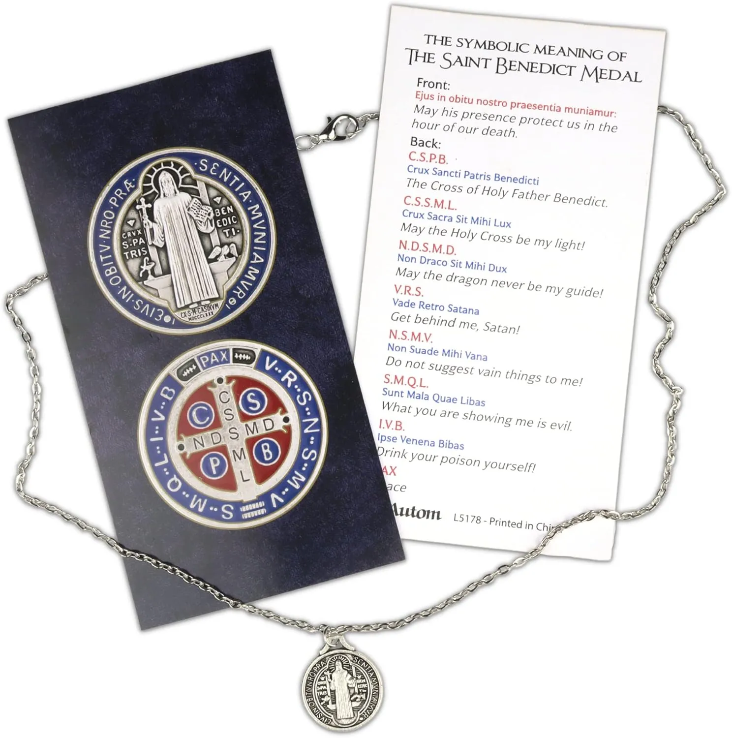 St. Benedict Medal Necklace with Holy Card, Patron Saint of Protection from Evil and Temptation, 20 Inches with  Inch Pendant