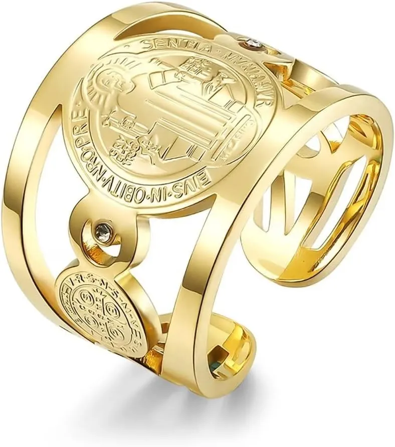 St Benedict Rings Stainless Steel Saint Exorcism Ring for Men Women Christian Jesus Catholic Roman Cross Open Adjustable Ring