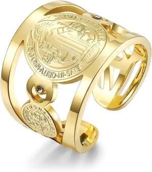 St Benedict Rings Stainless Steel Saint Exorcism Ring for Men Women Christian Jesus Catholic Roman Cross Open Adjustable Ring