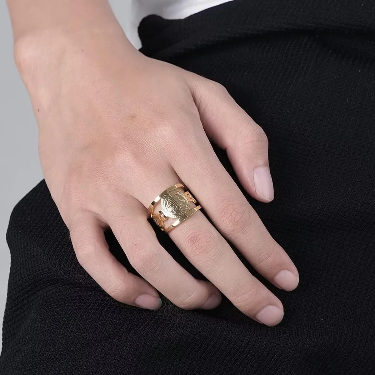 St Benedict Rings Stainless Steel Saint Exorcism Ring for Men Women Christian Jesus Catholic Roman Cross Open Adjustable Ring