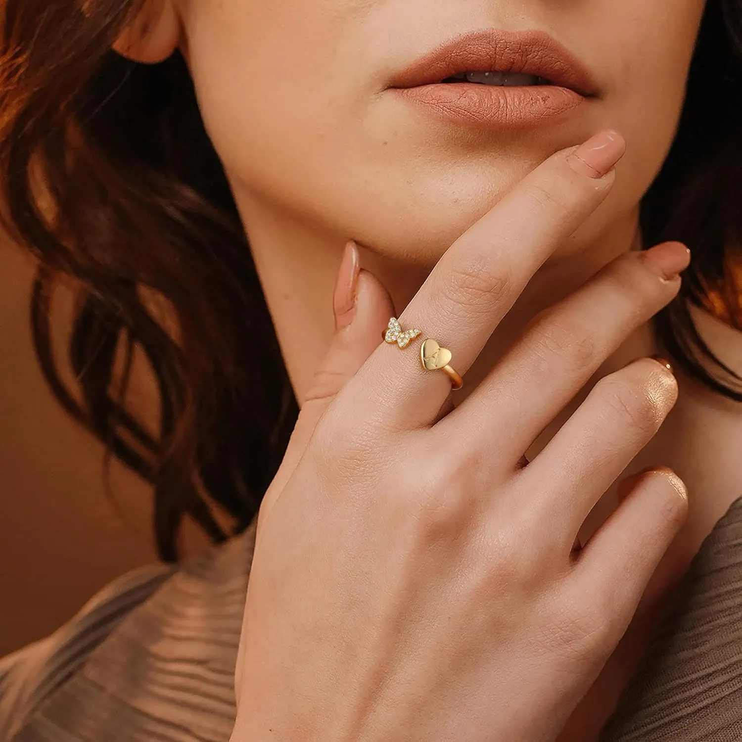 Stackable Initial Rings for Women, Rose Gold Plated Butterfly Capital Letter Rings for Teens, Girls