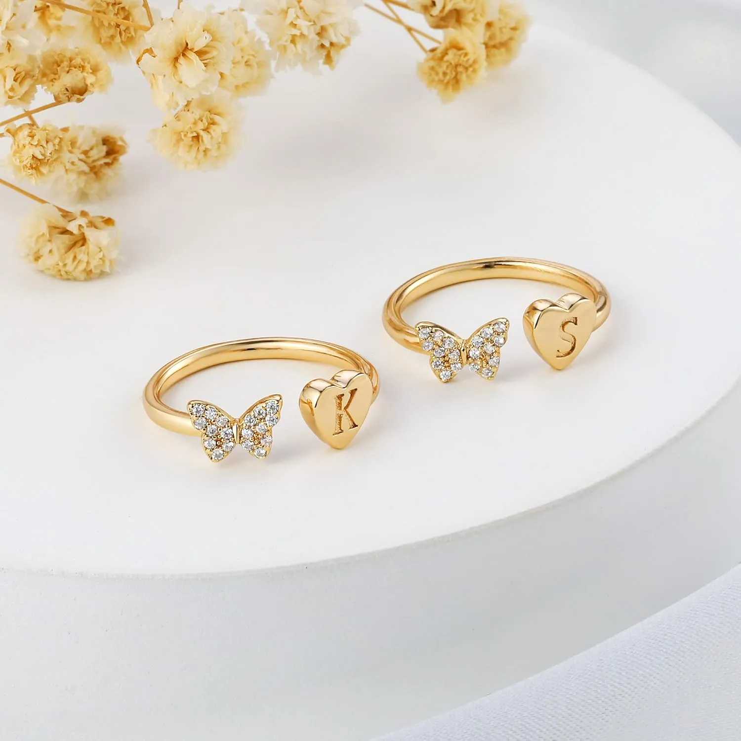 Stackable Initial Rings for Women, Rose Gold Plated Butterfly Capital Letter Rings for Teens, Girls