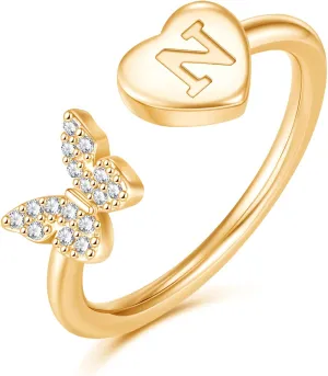 Stackable Initial Rings for Women, Rose Gold Plated Butterfly Capital Letter Rings for Teens, Girls