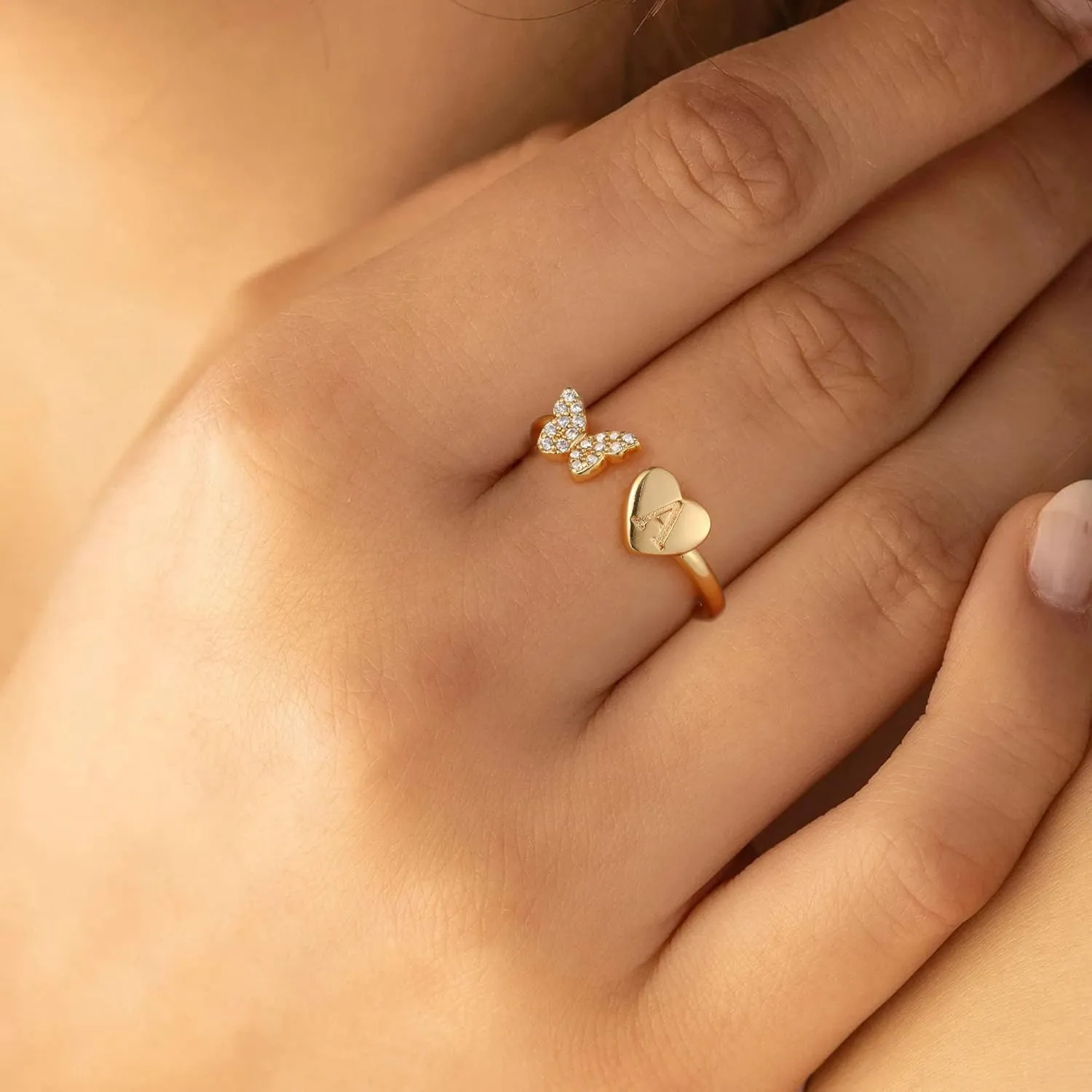 Stackable Initial Rings for Women, Rose Gold Plated Butterfly Capital Letter Rings for Teens, Girls