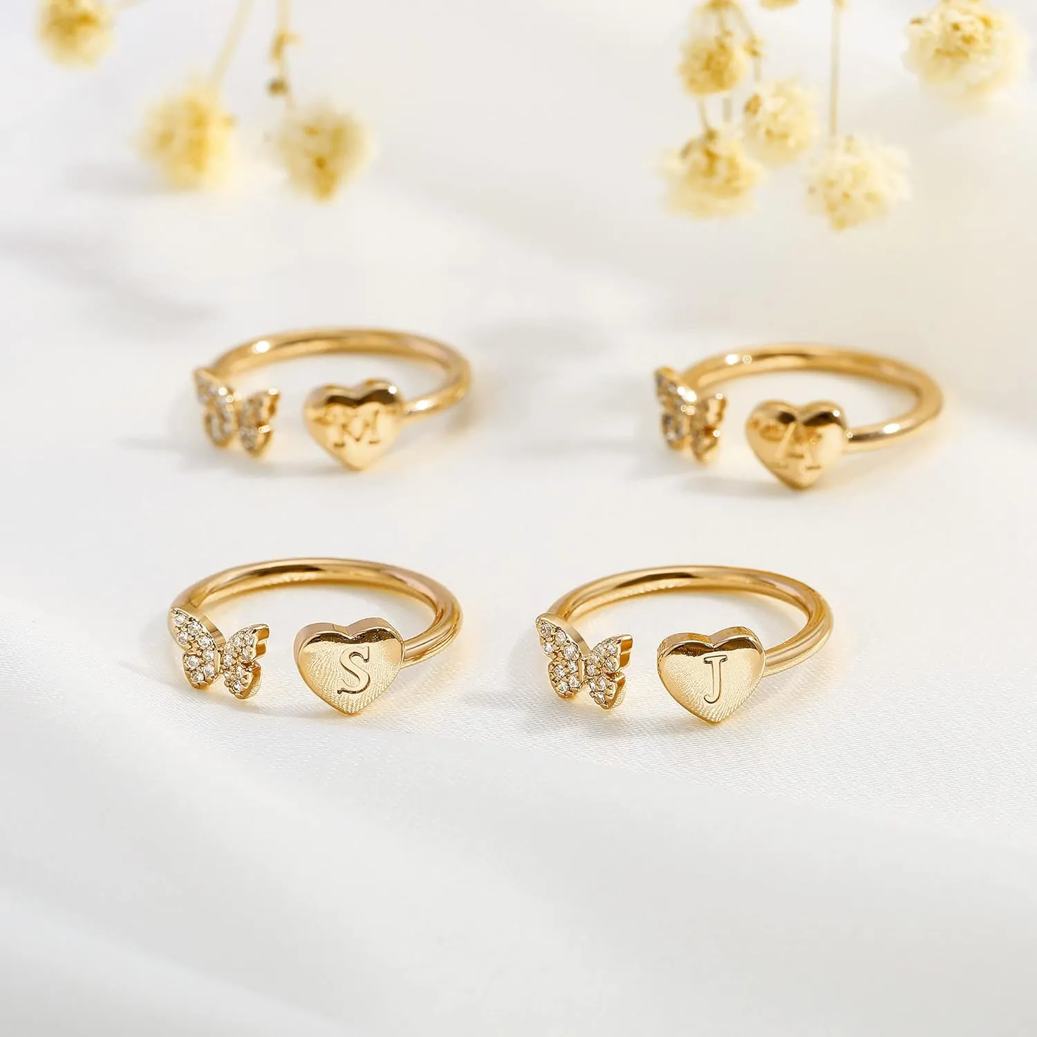 Stackable Initial Rings for Women, Rose Gold Plated Butterfly Capital Letter Rings for Teens, Girls