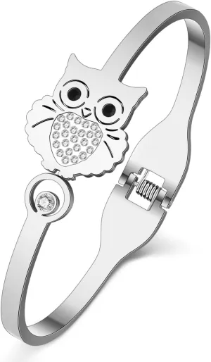 Stainless Steel 18K Gold Silver Plated Crystal Cute Owl Bracelet Fun Birds Animals Cuff Bangle Birthday Jewelry For Women Owl Lovers Friendship Charms Love Gifts