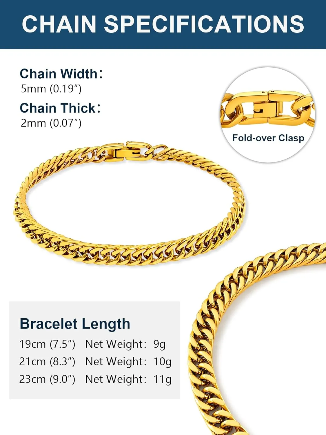 Stainless Steel Men Cuban Link Chain Bracelets5/7/9/13mm Width, 7.5/8.3/9 Inch Length, 18K Gold/Black Plated/Stainless Steel Curb Chain Wrist Bracelets for Men Women, with Gift Box