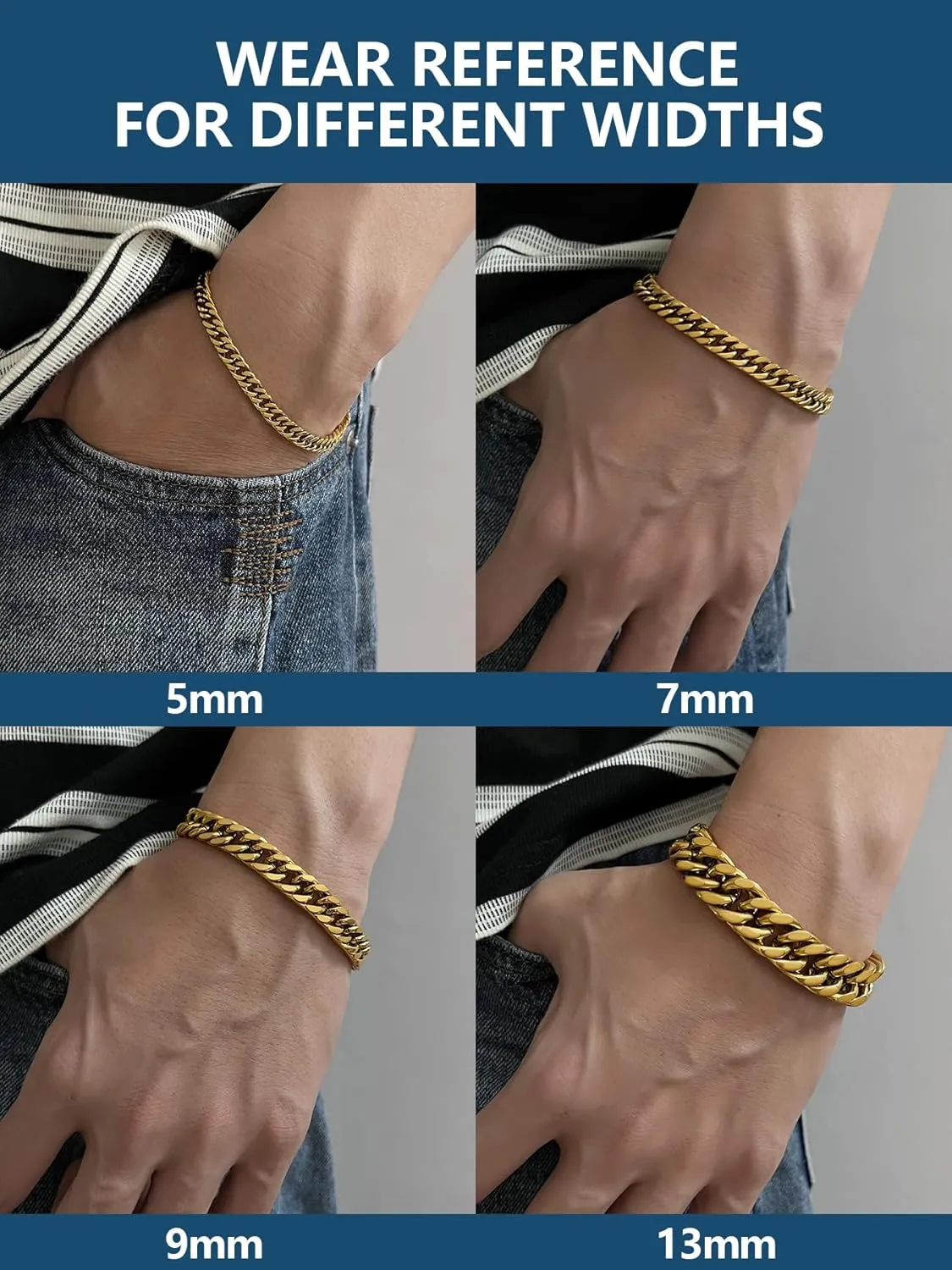 Stainless Steel Men Cuban Link Chain Bracelets5/7/9/13mm Width, 7.5/8.3/9 Inch Length, 18K Gold/Black Plated/Stainless Steel Curb Chain Wrist Bracelets for Men Women, with Gift Box