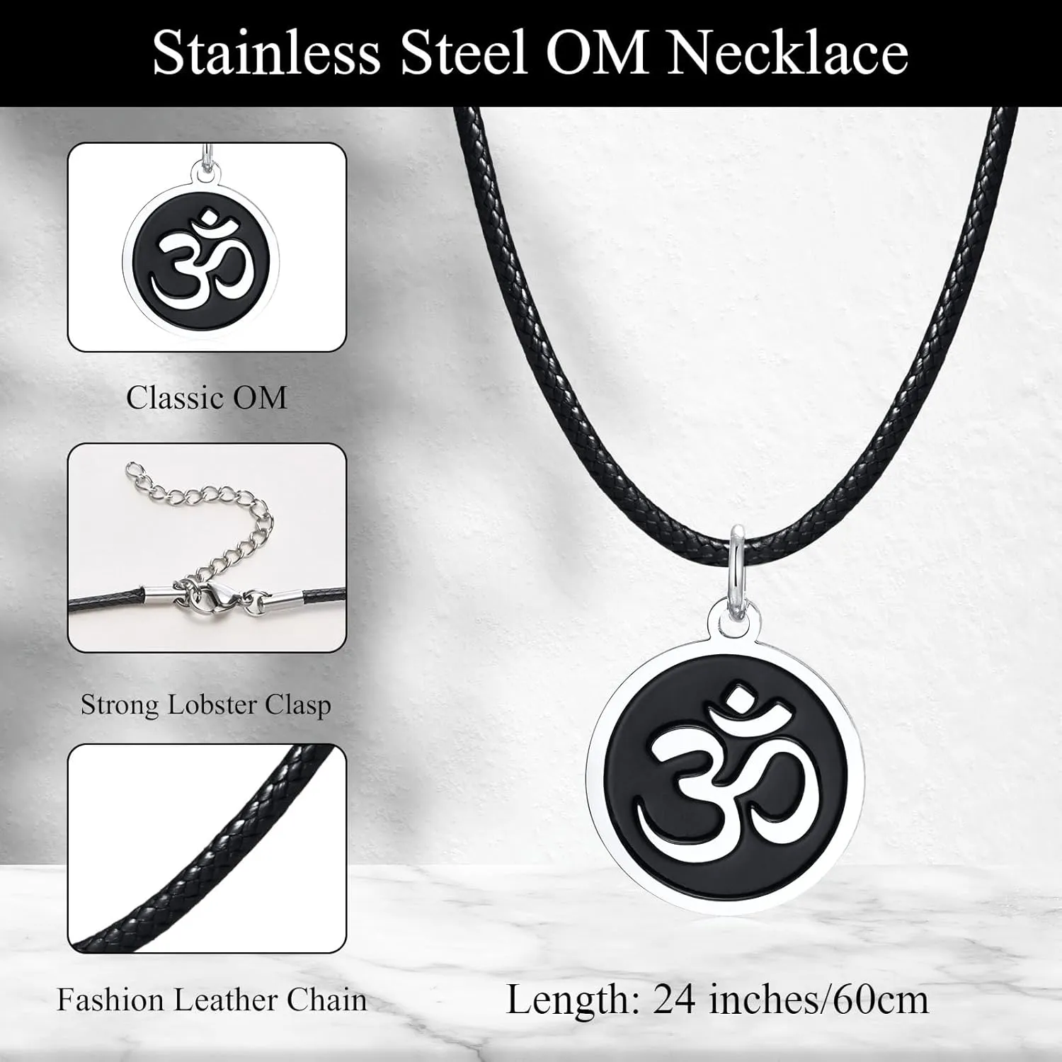 Stainless Steel Om Necklace for Men Women, Gold/Silver/Black Yoga Charm Pendant Necklaces Aum Om Ohm Sanskrit Symbol Hindu Meditation Chain Necklace,Mens Womens Jewelry Gifts