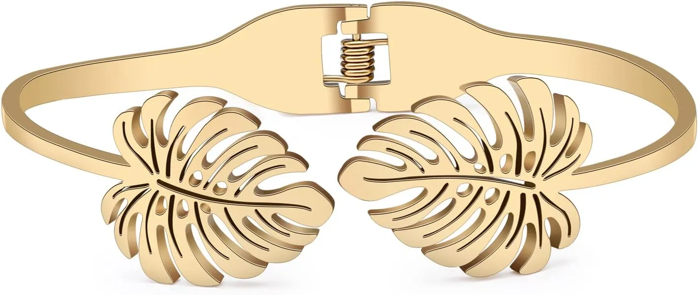 Stainless Steel Rhinestone Maple Leaf Bracelet 18K Gold Plated Jewelry Bangle Bracelets for Women
