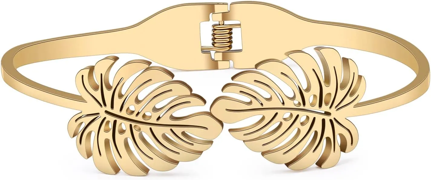 Stainless Steel Rhinestone Maple Leaf Bracelet 18K Gold Plated Jewelry Bangle Bracelets for Women