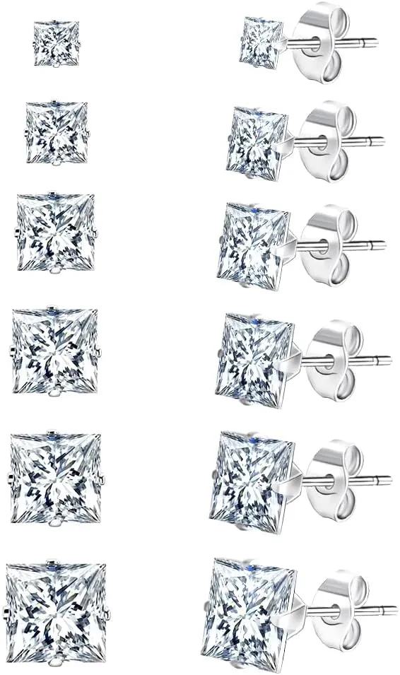 Stainless Steel Stud Earrings Set for Men, 18K White Gold Plated Square Cubic Zirconia Studs Hypoallergenic Mens Earrings Pack 6 Pairs for Men Women