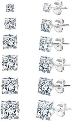 Stainless Steel Stud Earrings Set for Men, 18K White Gold Plated Square Cubic Zirconia Studs Hypoallergenic Mens Earrings Pack 6 Pairs for Men Women