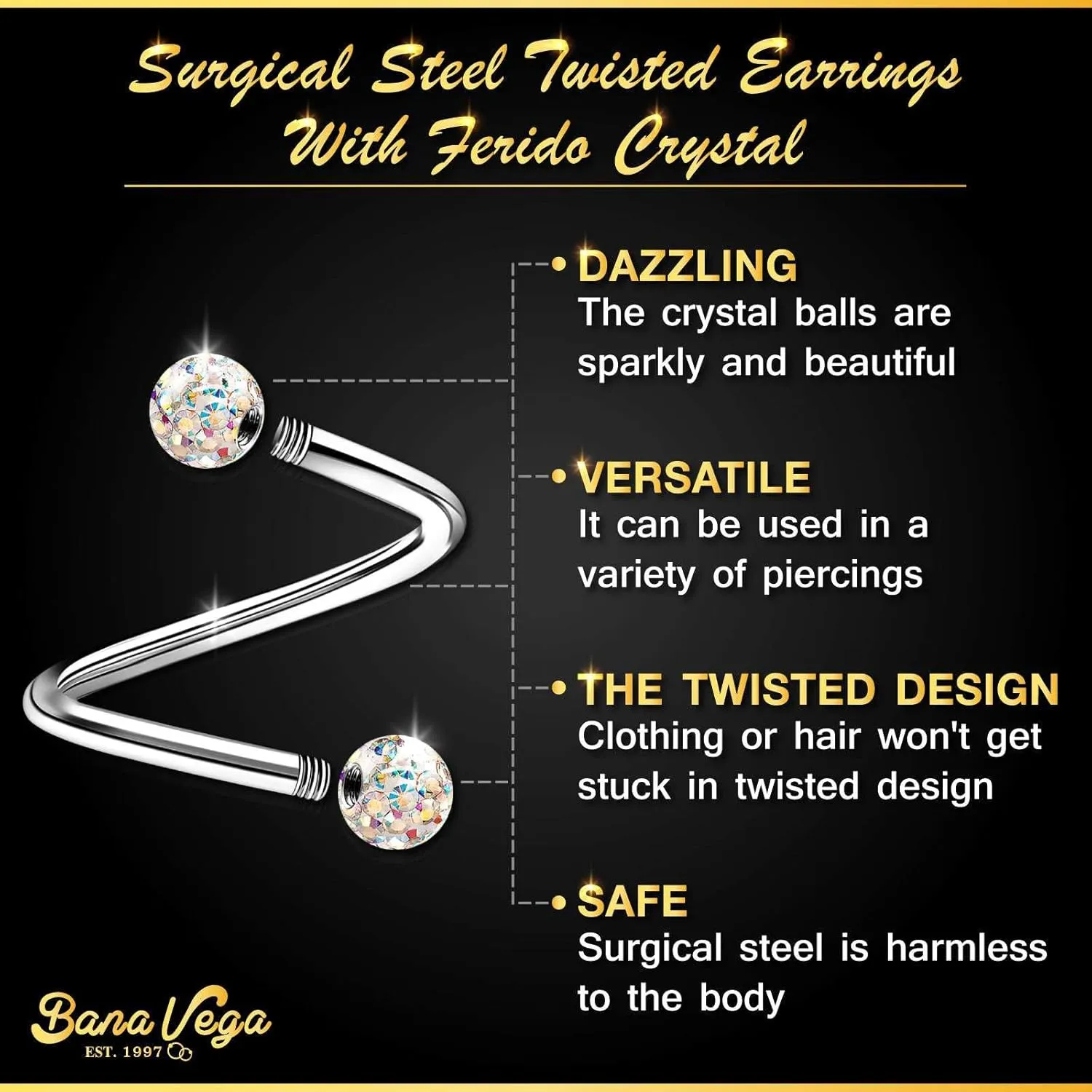 Stainless Steel Twisted Barbell 16 gauge 5/16 8mm 3mm Crystal Ball Lobe Earrings Labret Piercing Jewelry See More Colors
