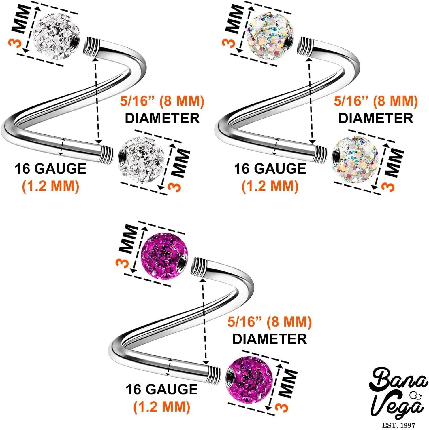 Stainless Steel Twisted Barbell 16 gauge 5/16 8mm 3mm Crystal Ball Lobe Earrings Labret Piercing Jewelry See More Colors