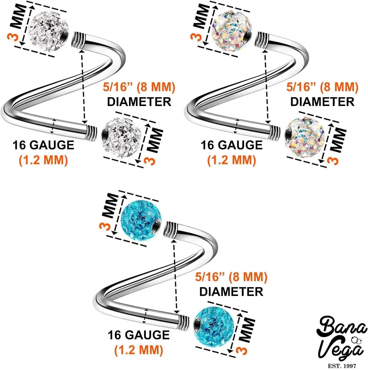Stainless Steel Twisted Barbell 16 gauge 5/16 8mm 3mm Crystal Ball Lobe Earrings Labret Piercing Jewelry See More Colors