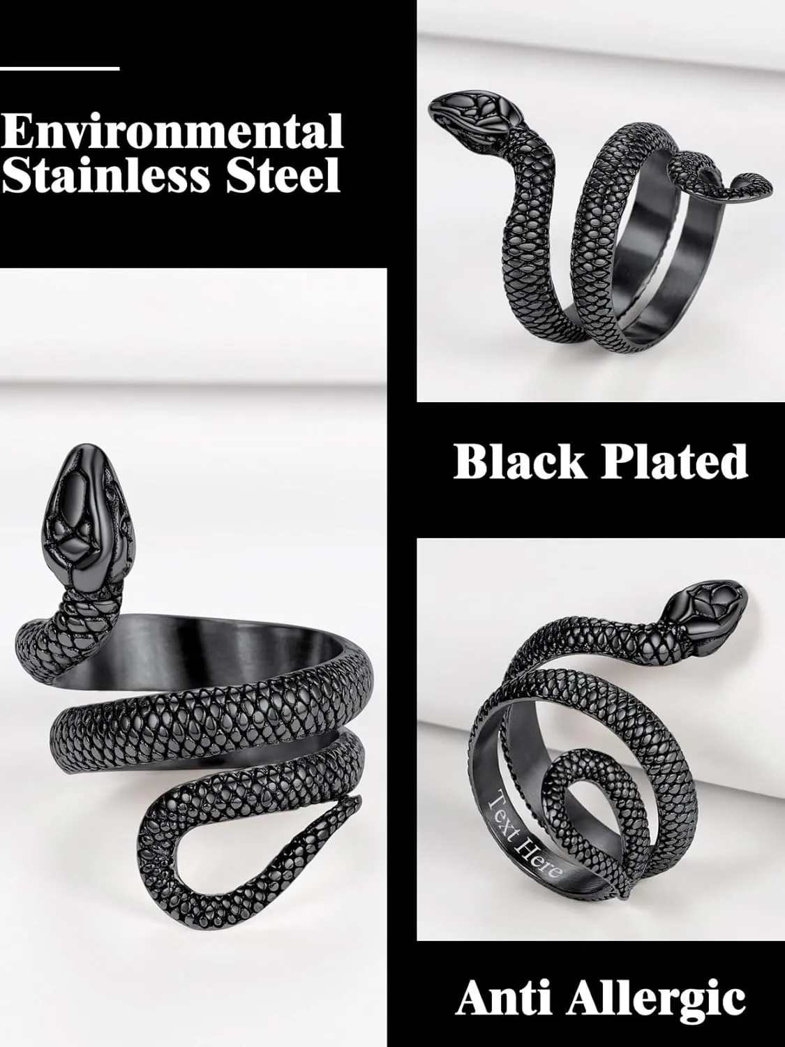 Stainless Steel/18K Gold Plated/Black Snake Ring for Men Women Size 7-12 Serpent Reptile Rings Punk Gothic Jewelry(with Gift Box)