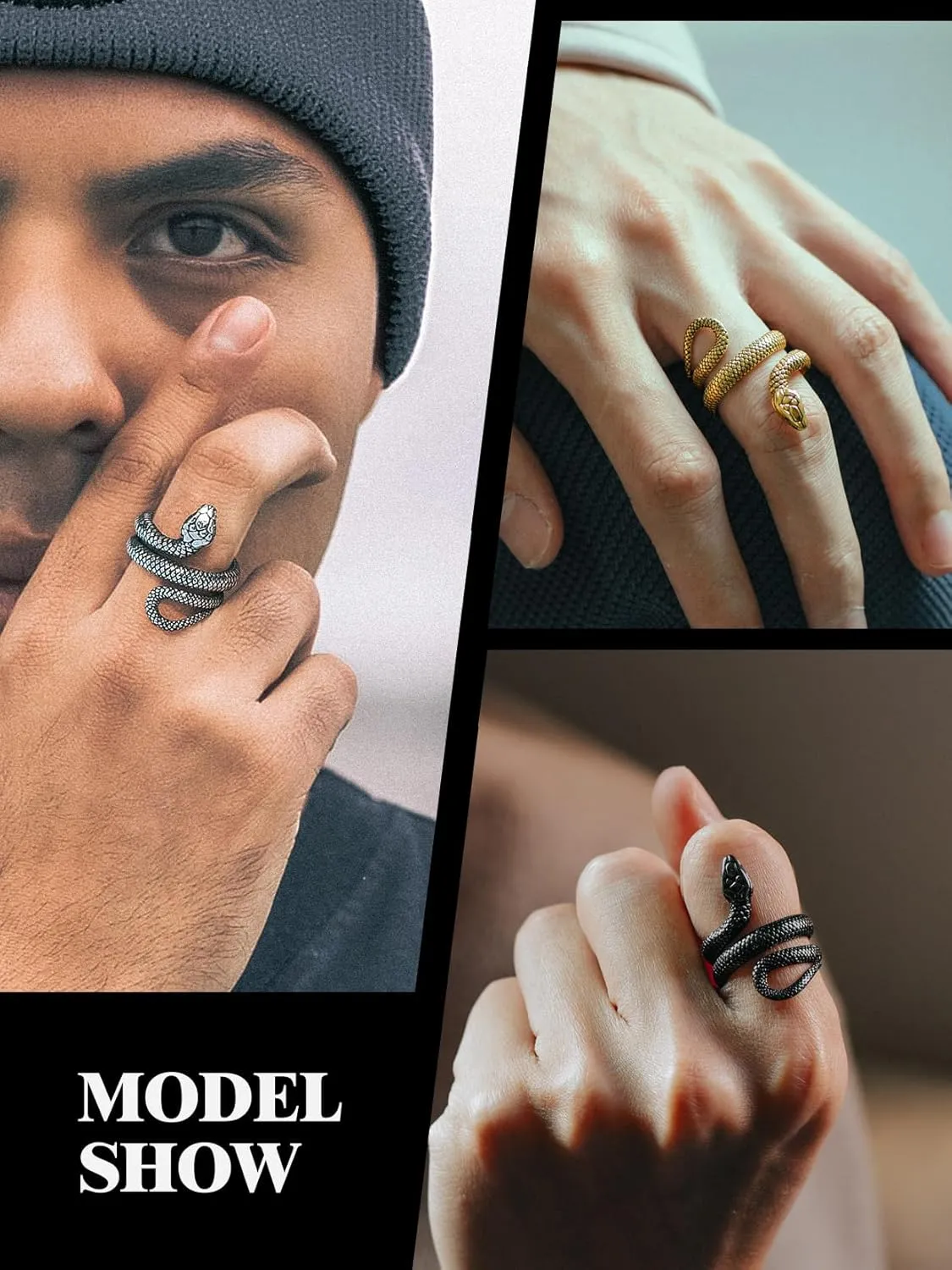 Stainless Steel/18K Gold Plated/Black Snake Ring for Men Women Size 7-12 Serpent Reptile Rings Punk Gothic Jewelry(with Gift Box)