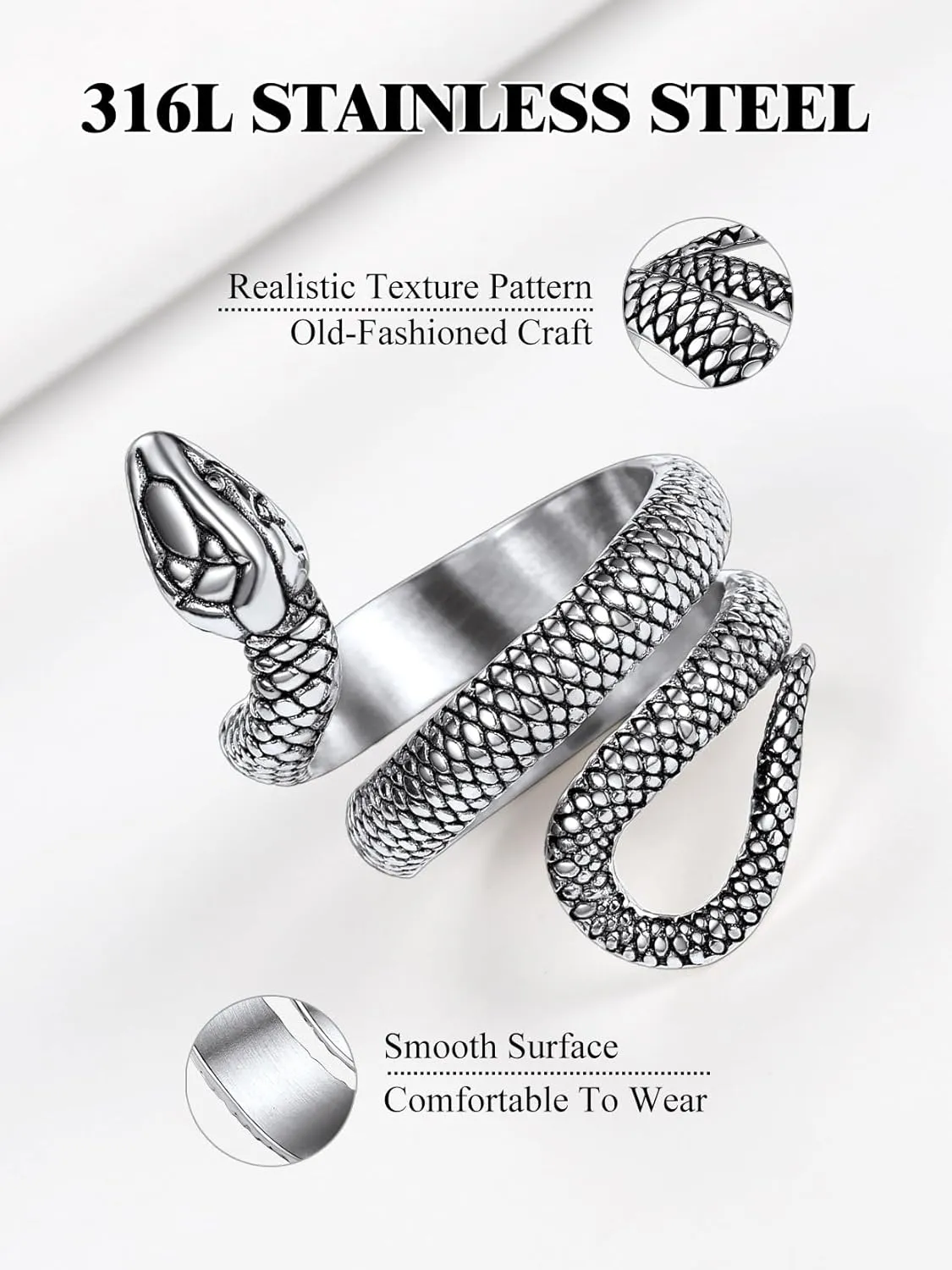 Stainless Steel/18K Gold Plated/Black Snake Ring for Men Women Size 7-12 Serpent Reptile Rings Punk Gothic Jewelry(with Gift Box)