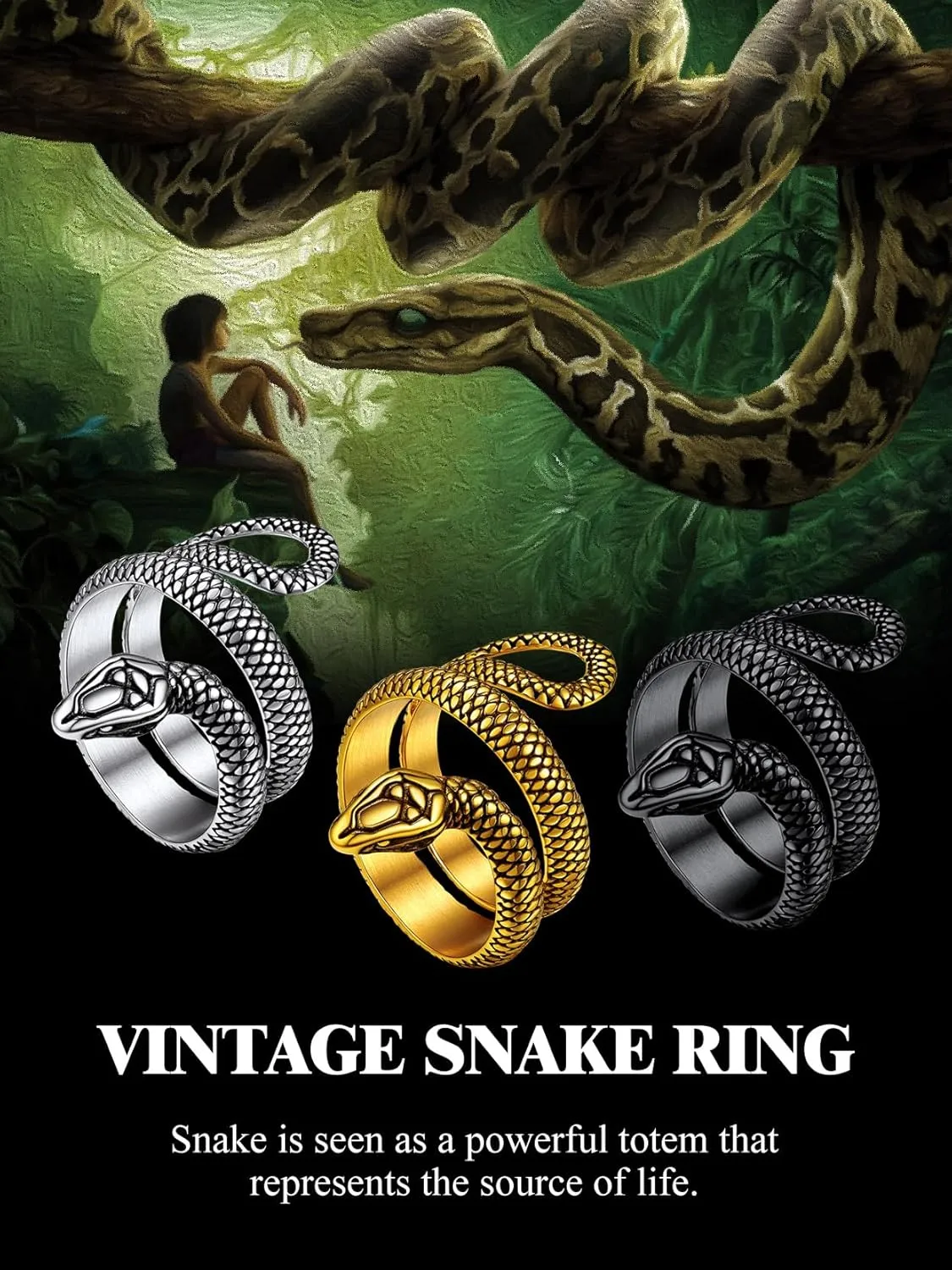 Stainless Steel/18K Gold Plated/Black Snake Ring for Men Women Size 7-12 Serpent Reptile Rings Punk Gothic Jewelry(with Gift Box)
