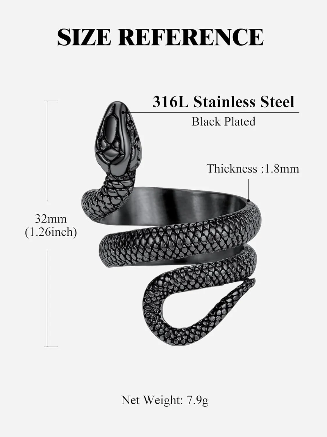Stainless Steel/18K Gold Plated/Black Snake Ring for Men Women Size 7-12 Serpent Reptile Rings Punk Gothic Jewelry(with Gift Box)